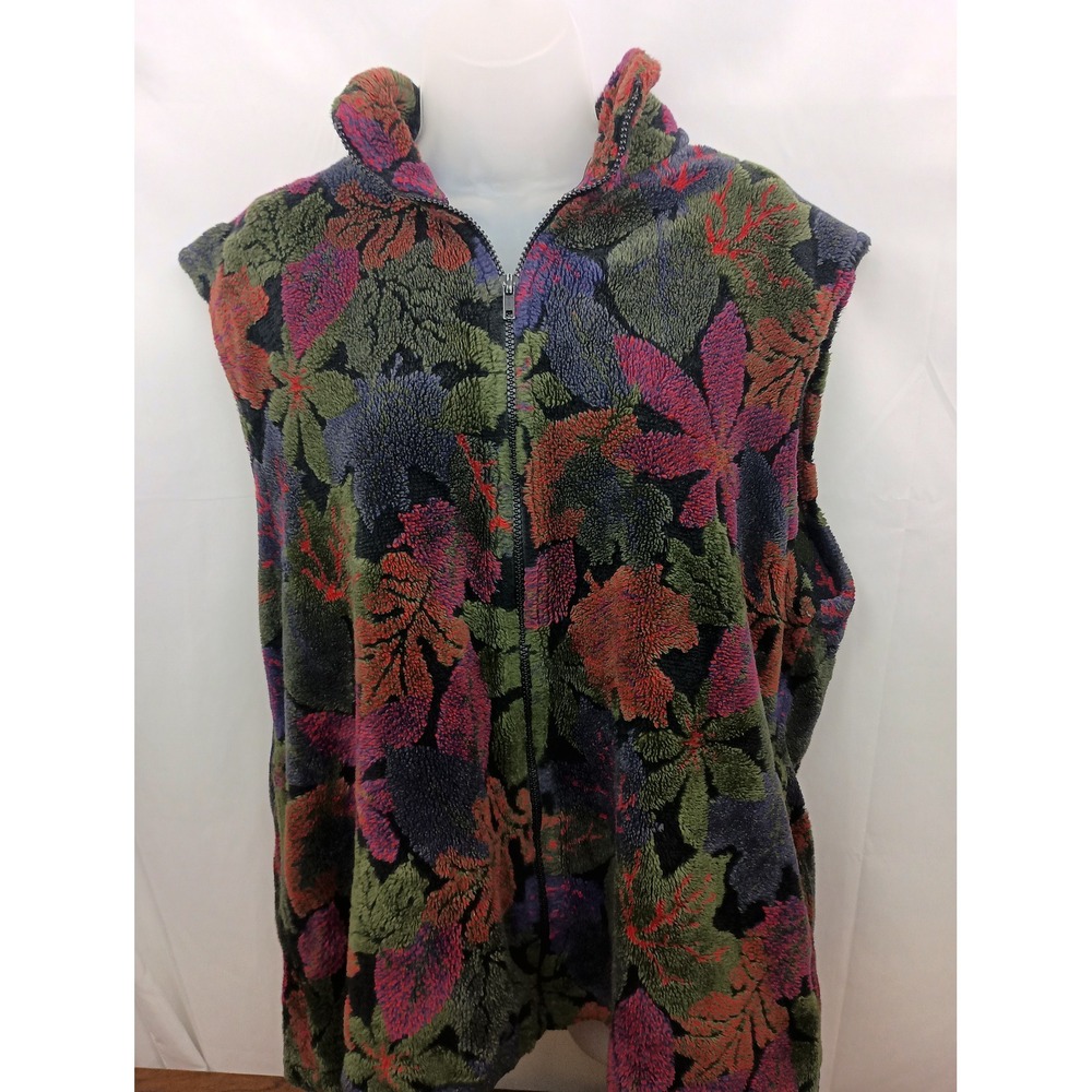 vintage fuzzy grandma colorful floral sleeveless‎ fleece XL vest vacation